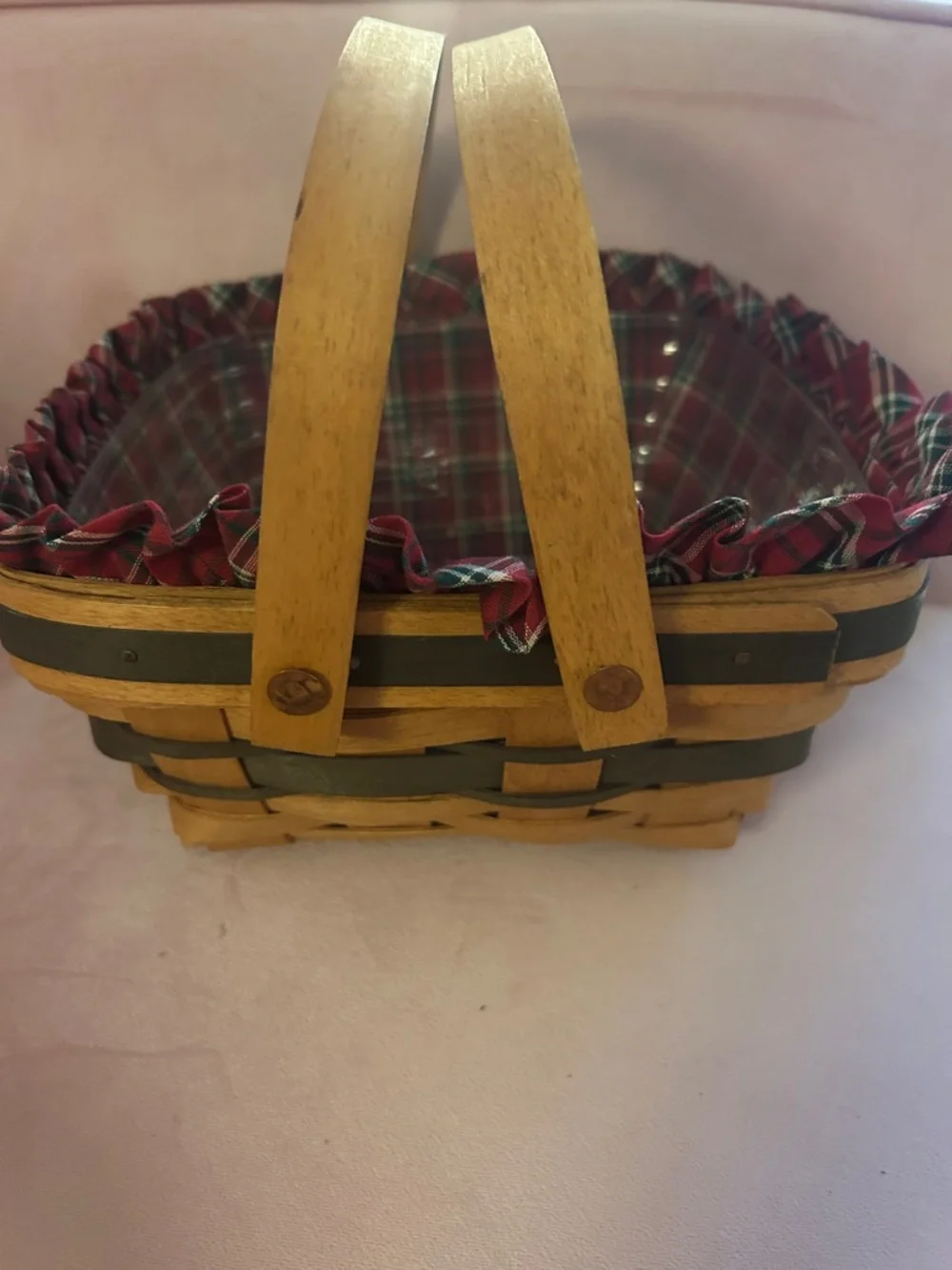 Longaberger Plaid Lined Wooden Basket with Dual swinging Handles - Red